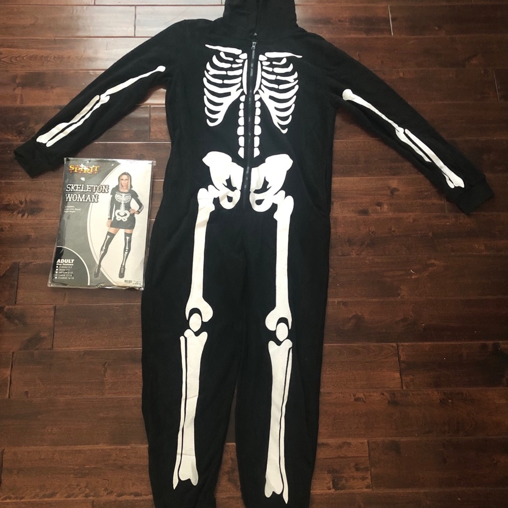Skeleton onesie w/matching skeleton dress costume.